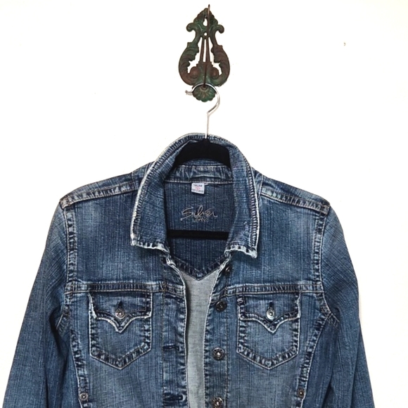 Y2K Silver Jeans Denim Button Up Cropped Fitted Jacket Women's Size Large - Picture 2 of 15